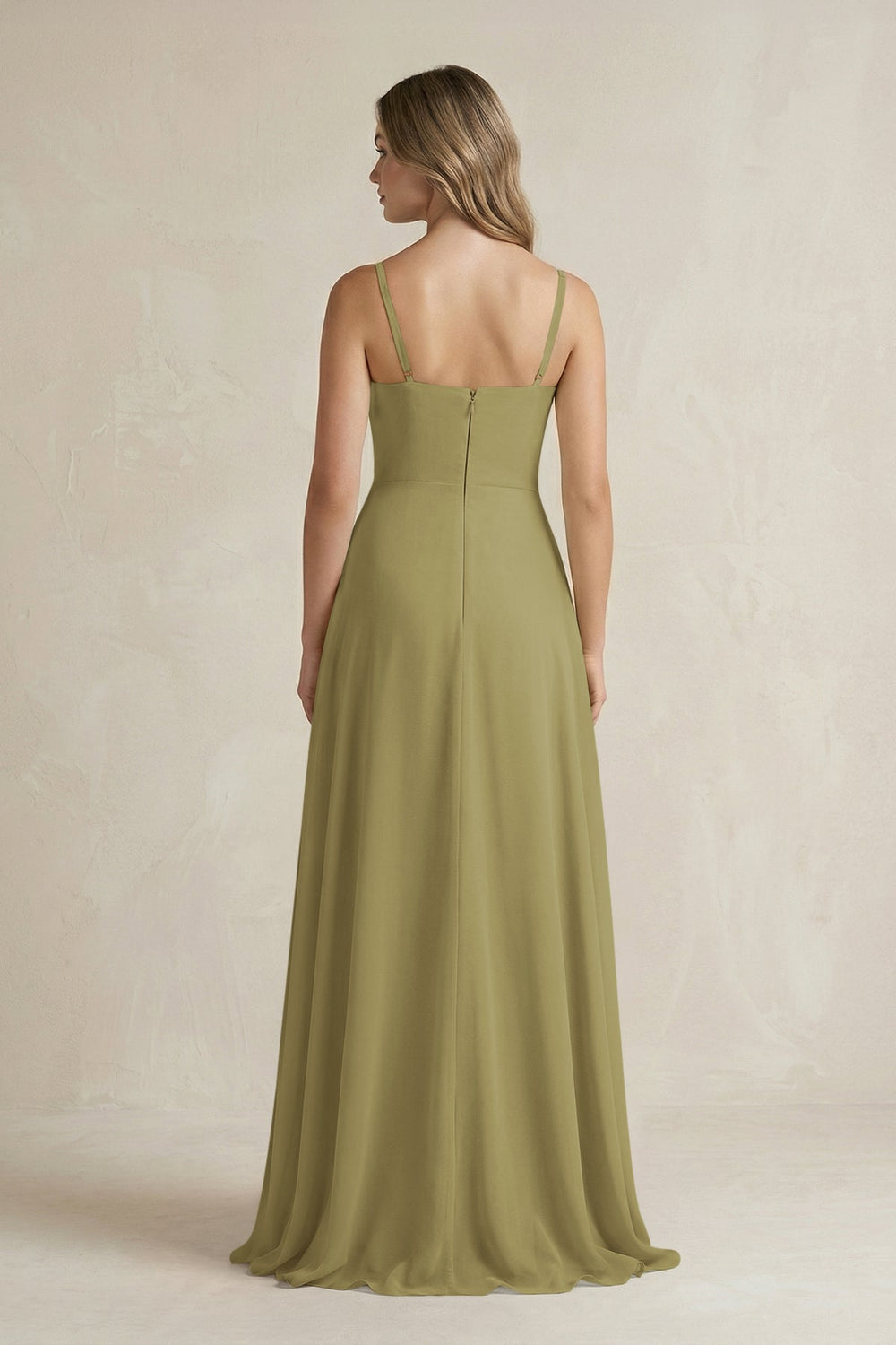 Spaghetti Strap Ruffled A-Line Chiffon Bridesmaid Dress in Moss Green