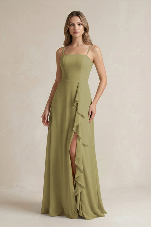 Spaghetti Strap Ruffled A-Line Chiffon Bridesmaid Dress in Moss Green | KISSBRIDAL
