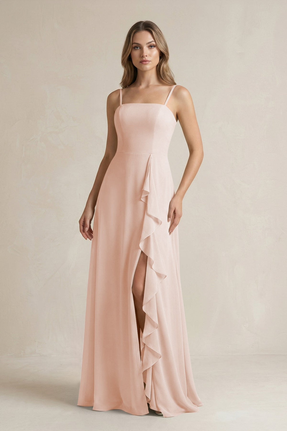 Spaghetti Strap Ruffled A-Line Chiffon Bridesmaid Dress in Pale Blush