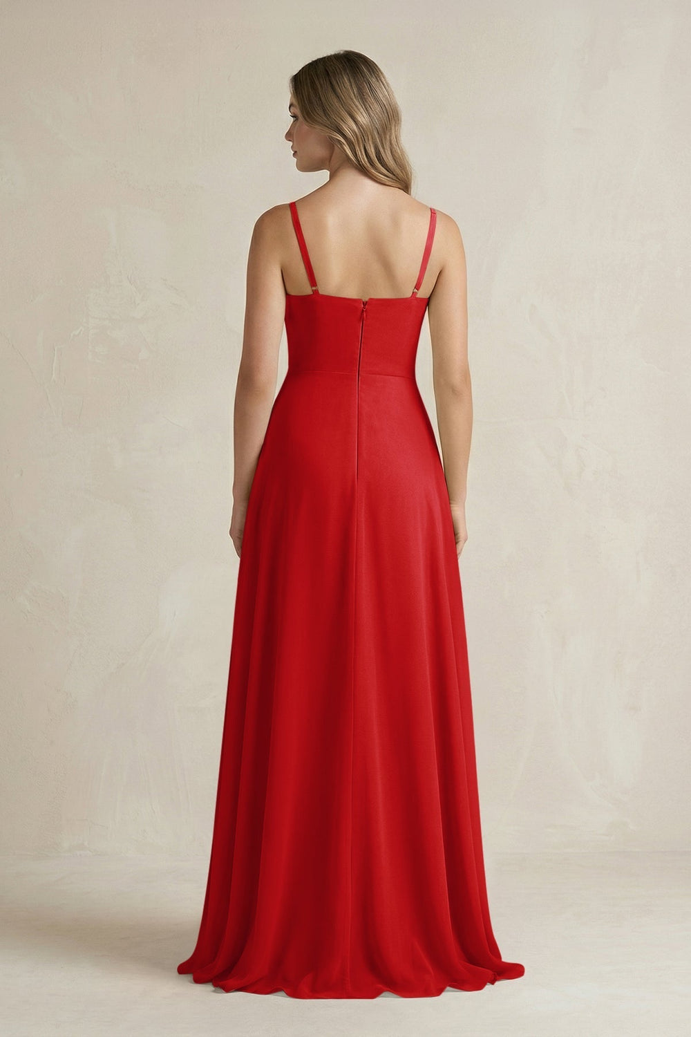 Spaghetti Strap Ruffled A-Line Chiffon Bridesmaid Dress in Ruby Red