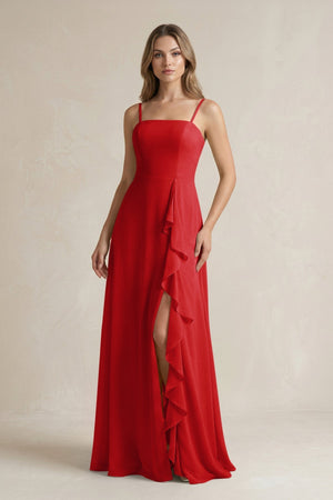 Spaghetti Strap Ruffled A - Line Chiffon Bridesmaid Dress in Ruby Red - KISS BRIDAL Bridesmaid Dresses