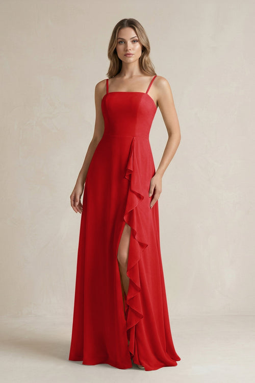 Spaghetti Strap Ruffled A - Line Chiffon Bridesmaid Dress in Ruby Red - KISS BRIDAL Bridesmaid Dresses