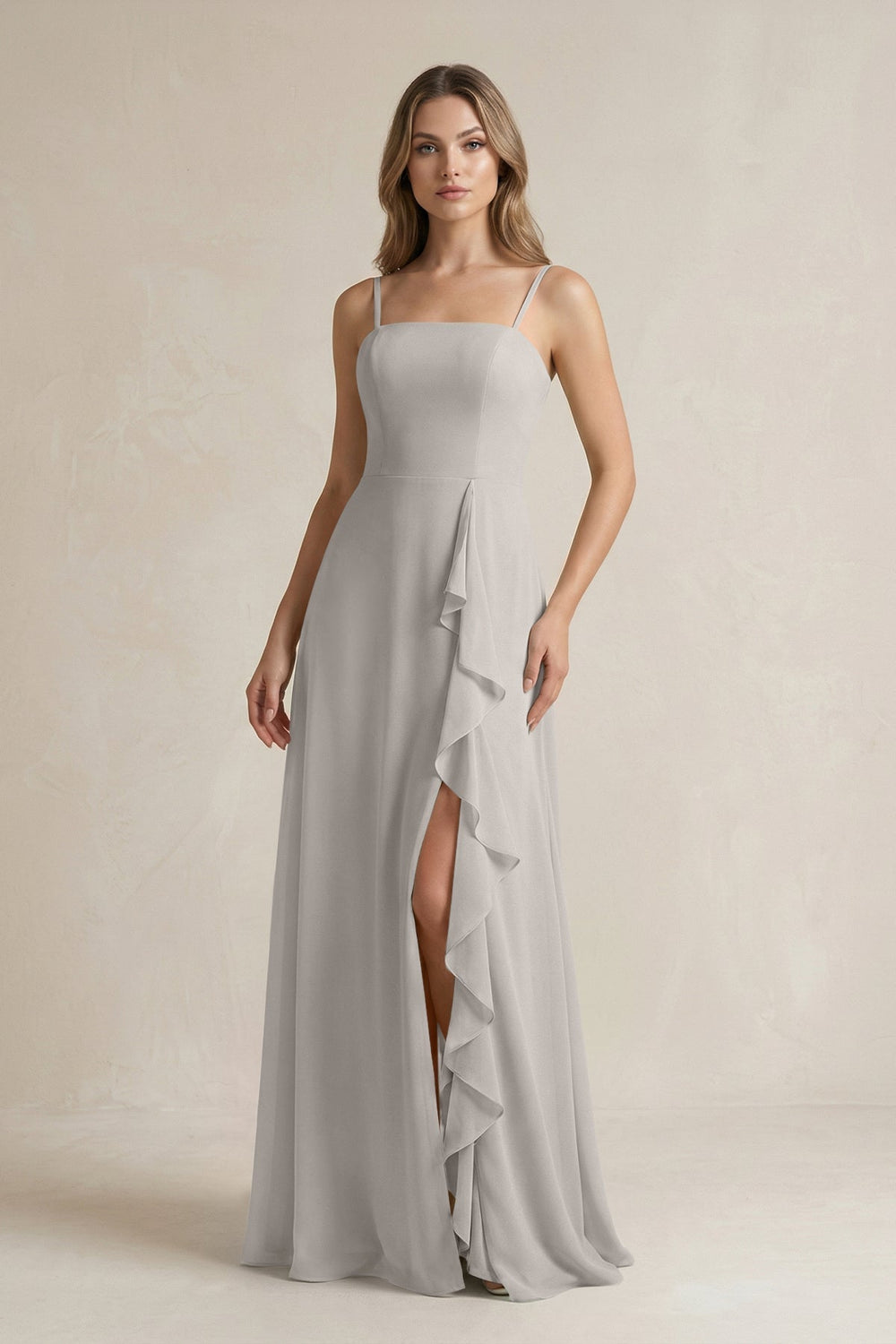 Spaghetti Strap Ruffled A-Line Chiffon Bridesmaid Dress in Silver