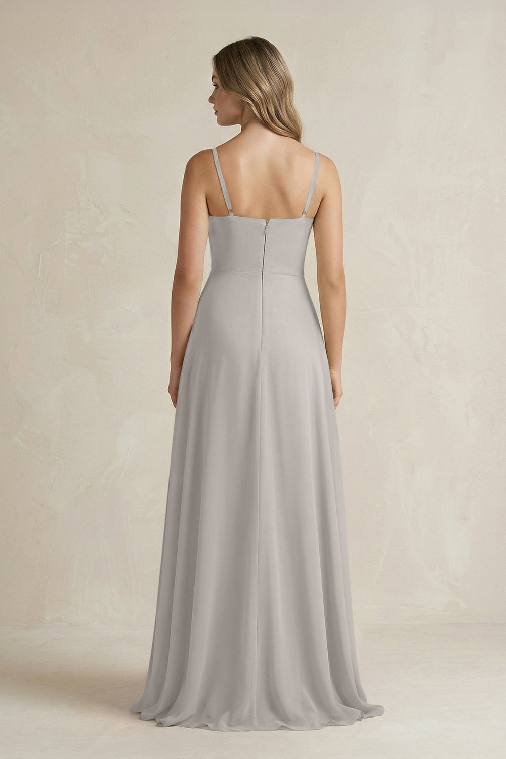 Spaghetti Strap Ruffled A-Line Chiffon Bridesmaid Dress in Silver