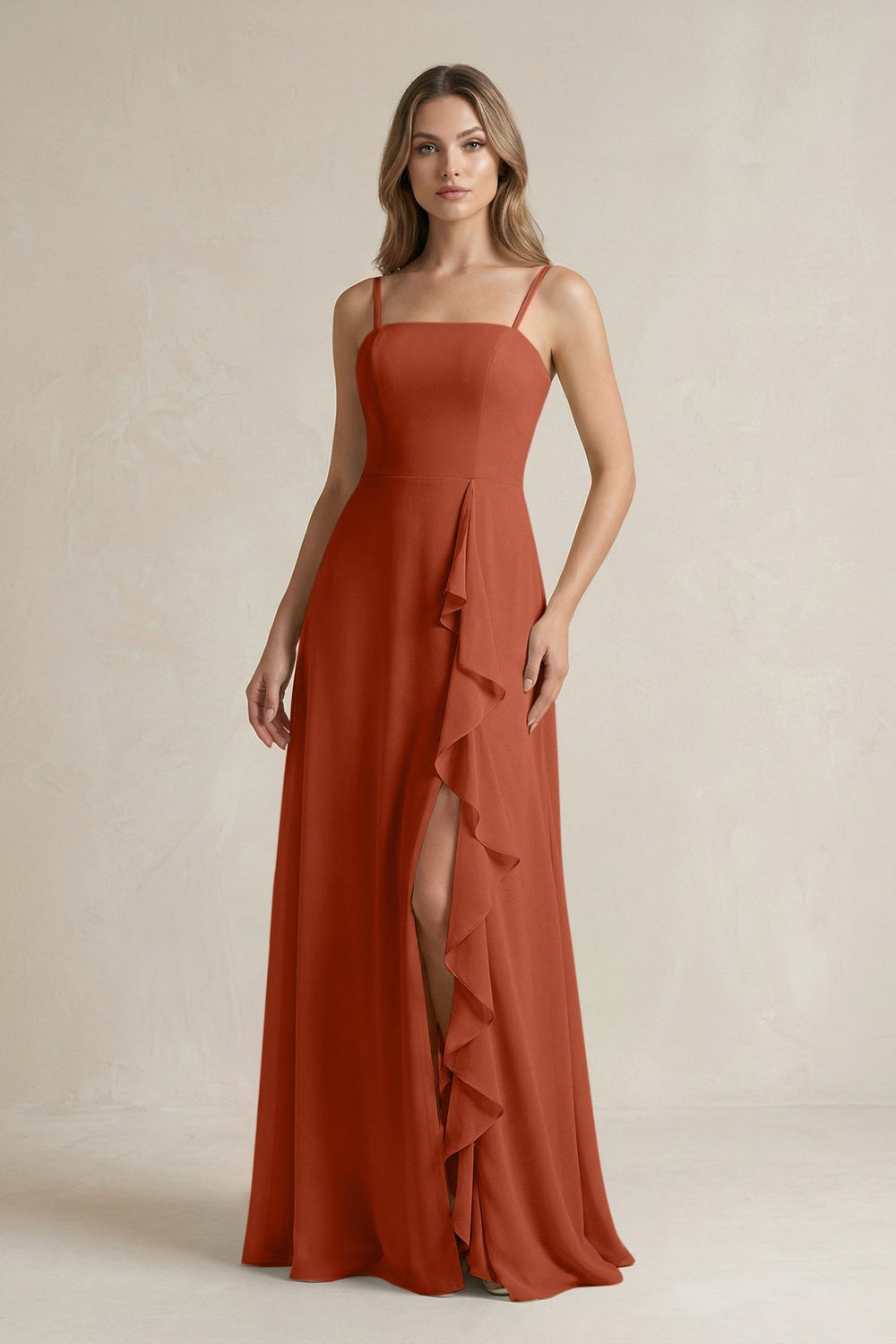 Spaghetti Strap Ruffled A-Line Chiffon Bridesmaid Dress in Spice