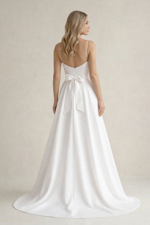 Spaghetti Strap Satin A - Line Wedding Dress With Slit in White - KISS BRIDAL Wedding Dresses