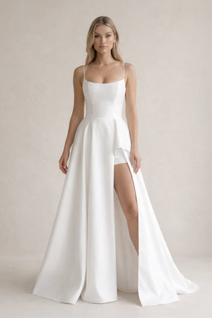 Spaghetti Strap Satin A - Line Wedding Dress With Slit in White - KISS BRIDAL Wedding Dresses
