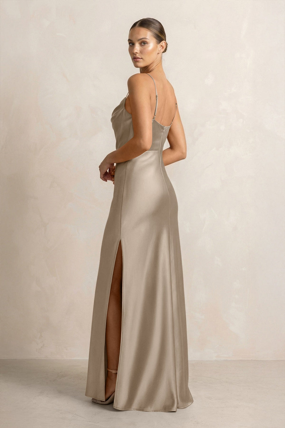 Spaghetti Strap Satin Sheath Bridesmaid Dress in Almond