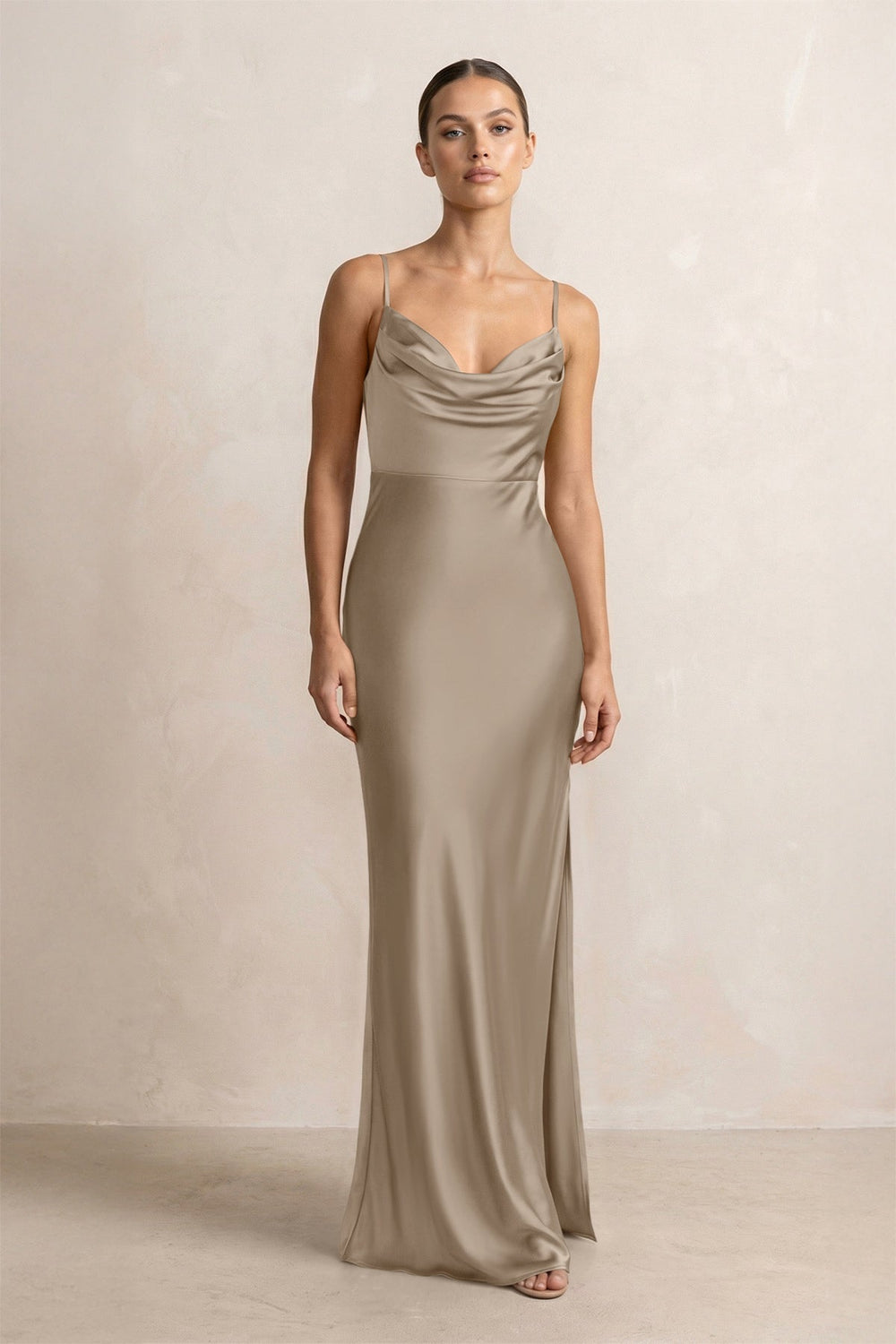 Spaghetti Strap Satin Sheath Bridesmaid Dress in Almond