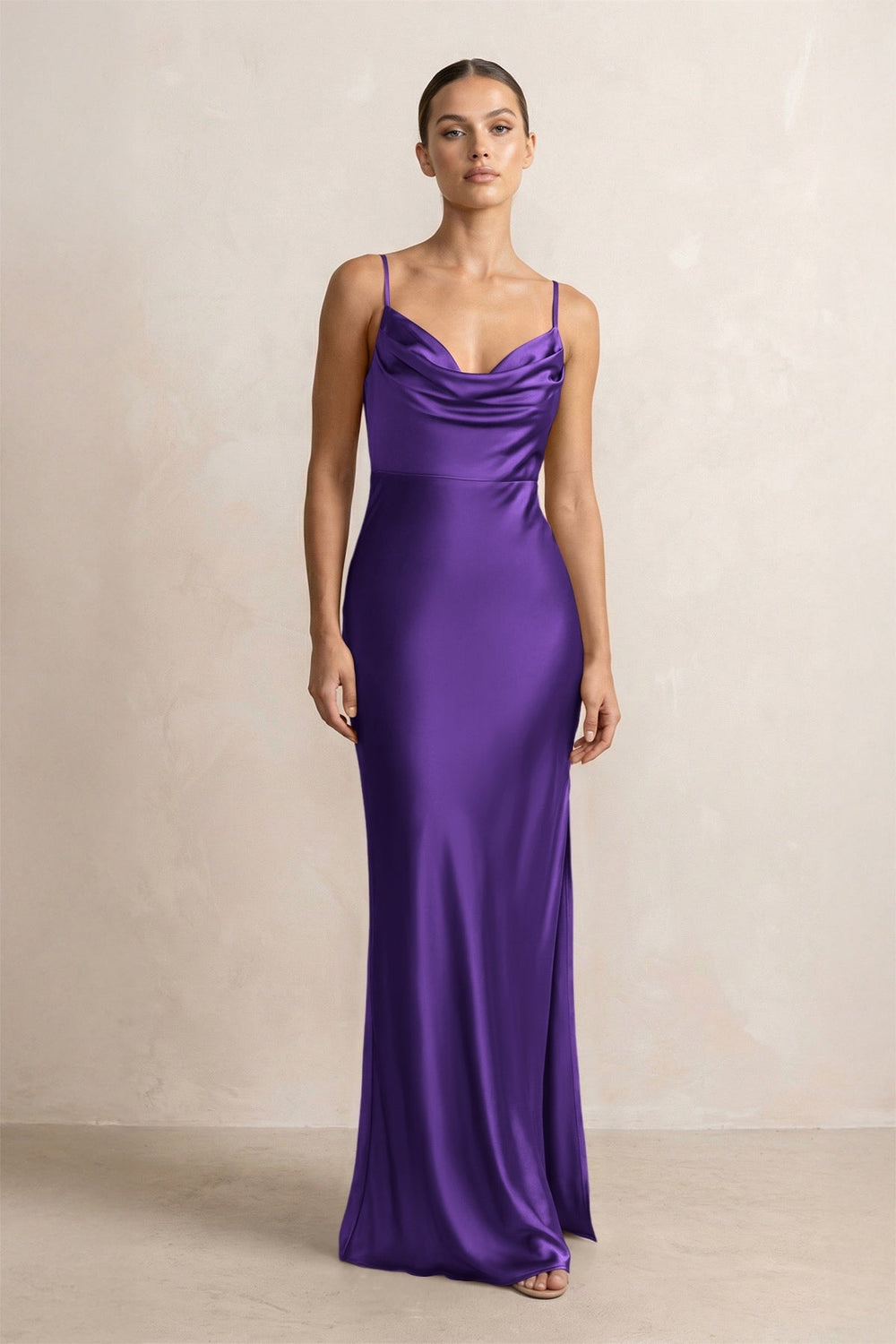 Spaghetti Strap Satin Sheath Bridesmaid Dress in Amethyst