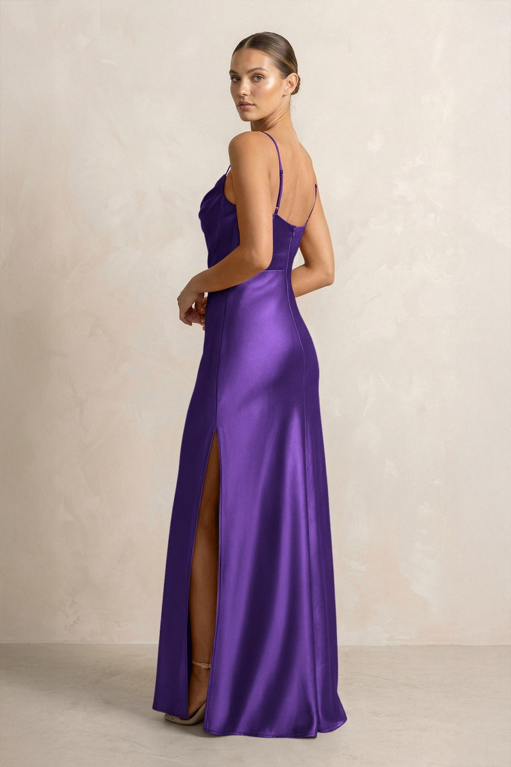 Spaghetti Strap Satin Sheath Bridesmaid Dress in Amethyst
