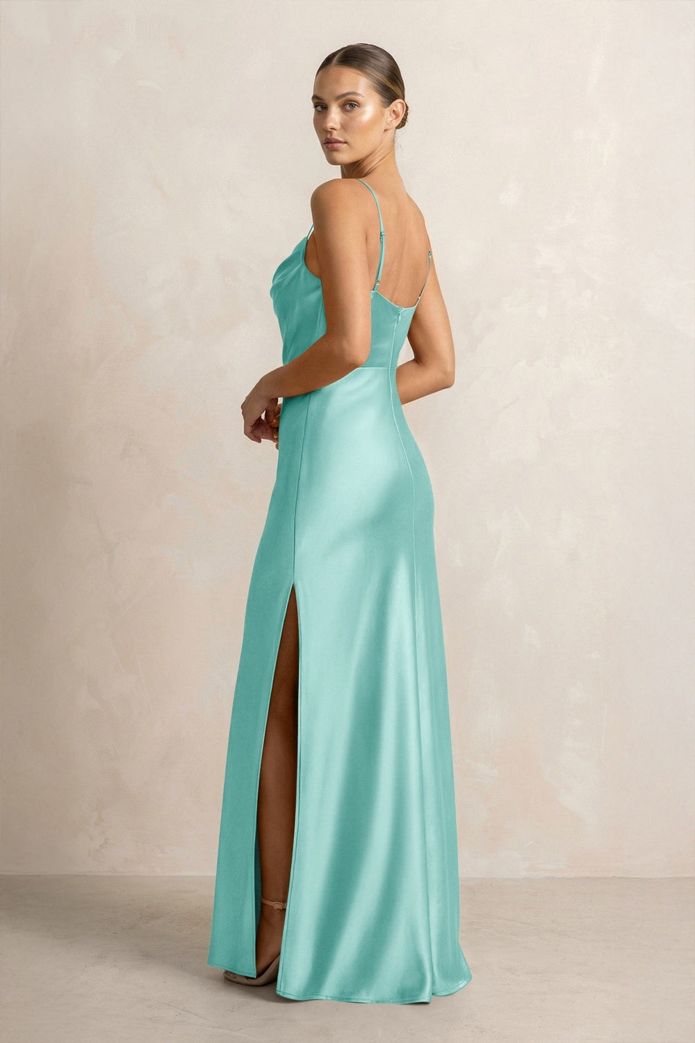 Spaghetti Strap Satin Sheath Bridesmaid Dress in Aqua