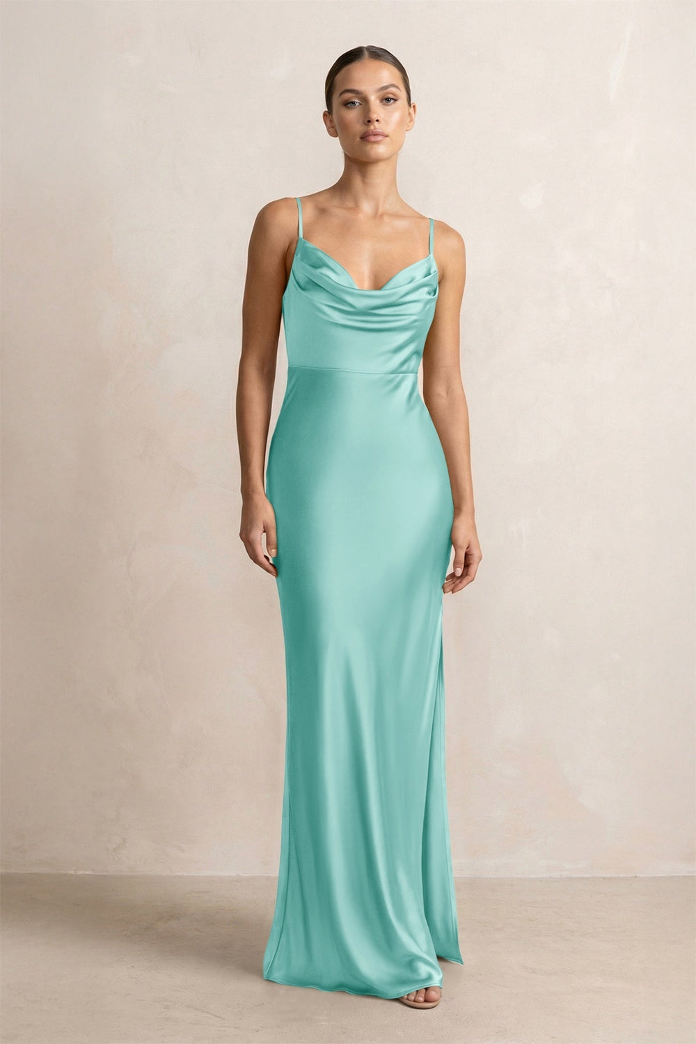 Spaghetti Strap Satin Sheath Bridesmaid Dress in Aqua