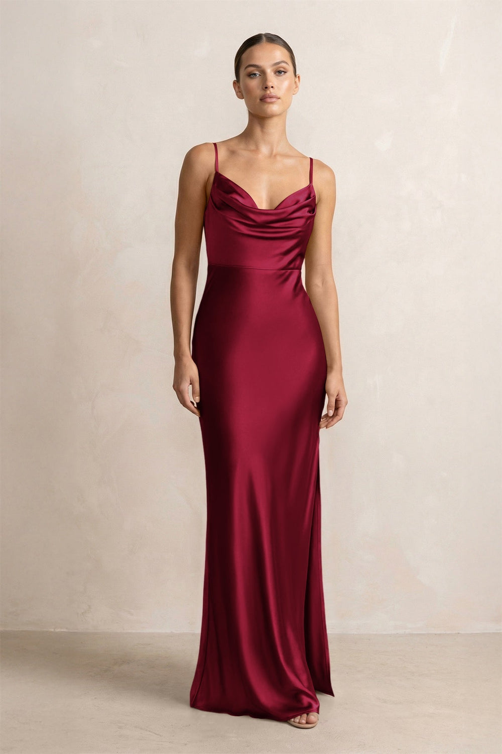 Spaghetti Strap Satin Sheath Bridesmaid Dress in Berry