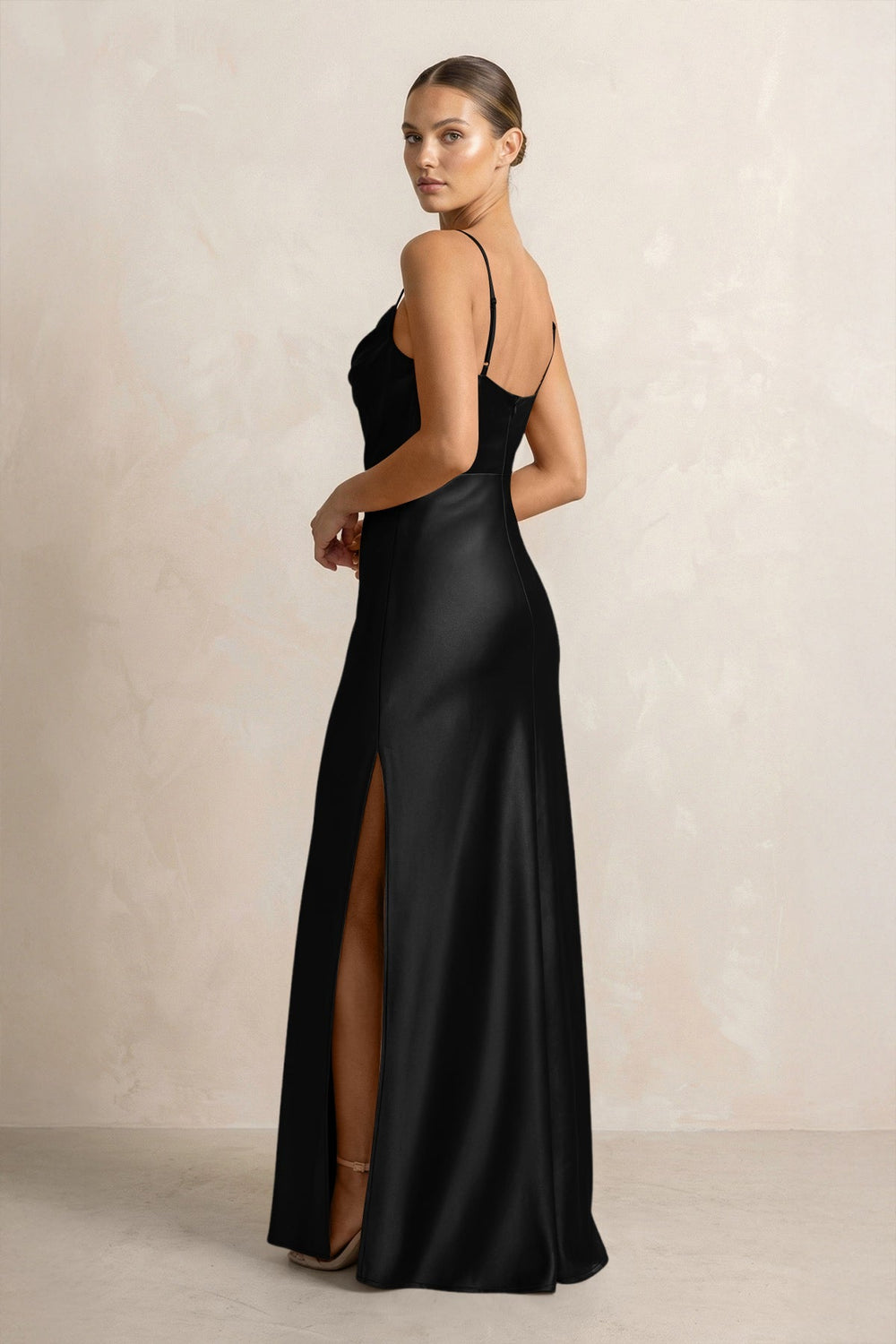 Spaghetti Strap Satin Sheath Bridesmaid Dress in Black
