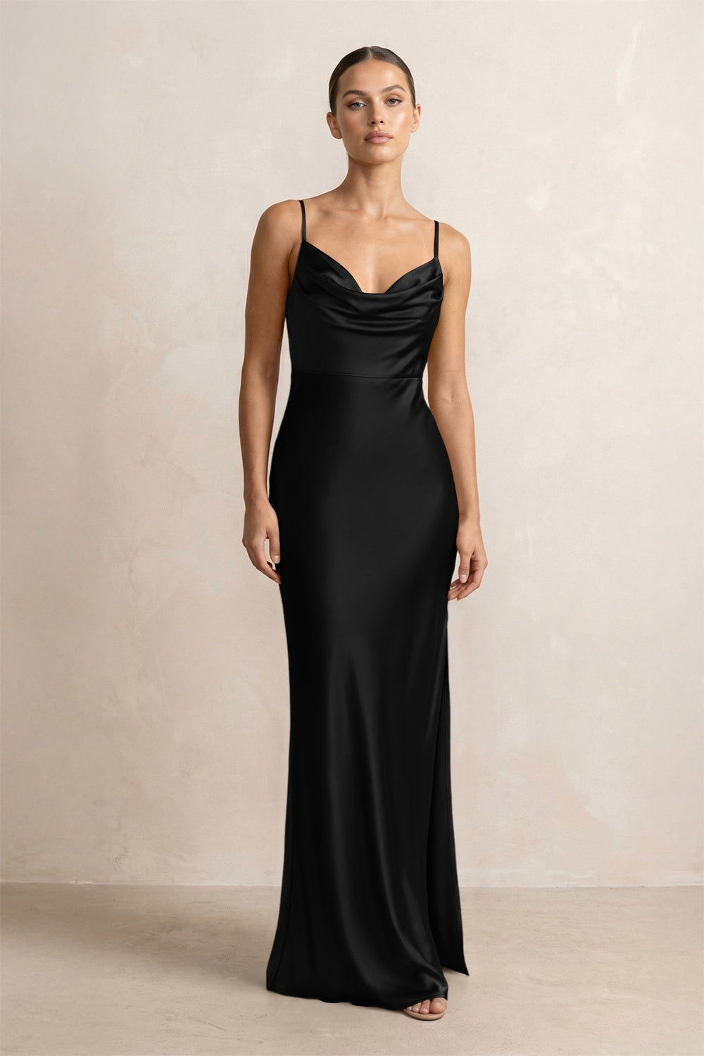Spaghetti Strap Satin Sheath Bridesmaid Dress in Black