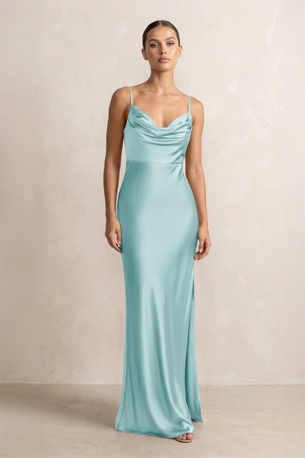 Spaghetti Strap Satin Sheath Bridesmaid Dress in Bleached Aqua