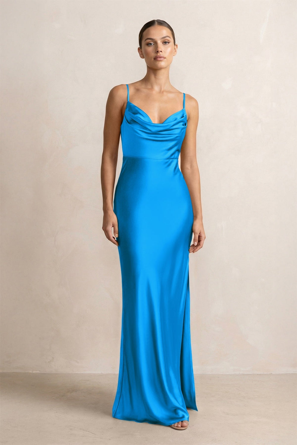 Spaghetti Strap Satin Sheath Bridesmaid Dress in Blue Jay