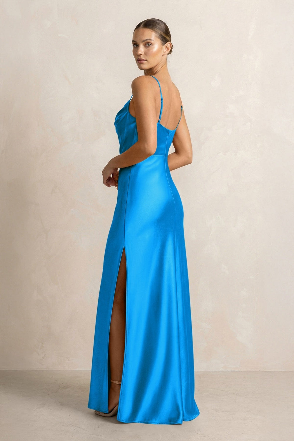 Spaghetti Strap Satin Sheath Bridesmaid Dress in Blue Jay
