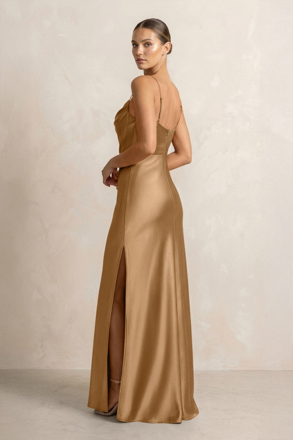 Spaghetti Strap Satin Sheath Bridesmaid Dress in Bronzer