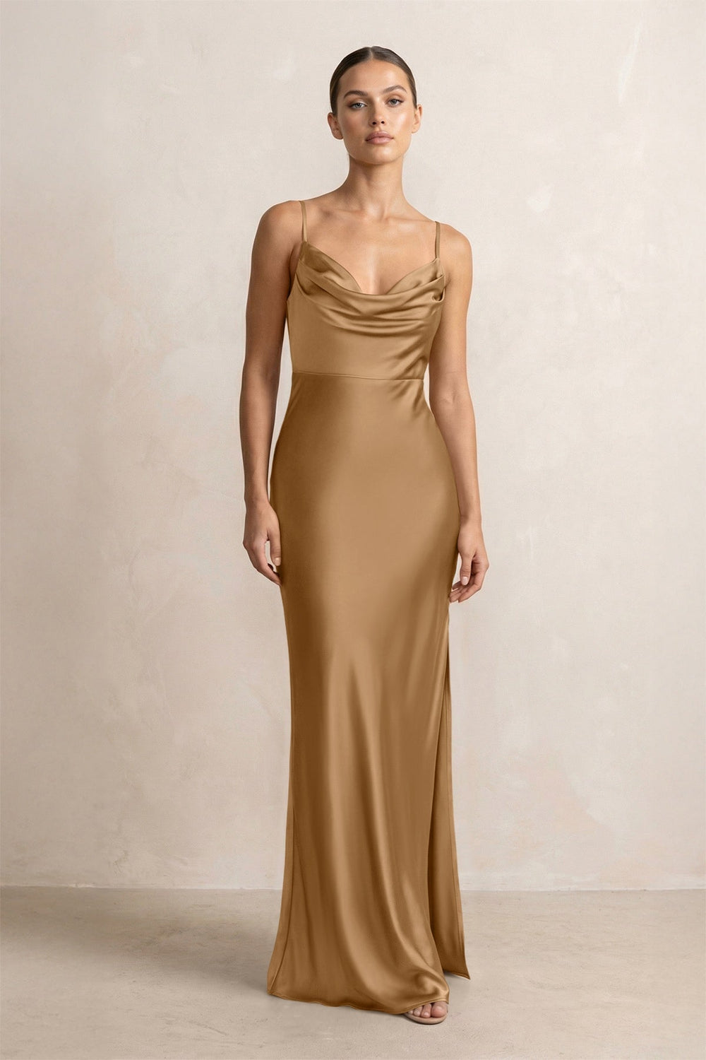 Spaghetti Strap Satin Sheath Bridesmaid Dress in Bronzer