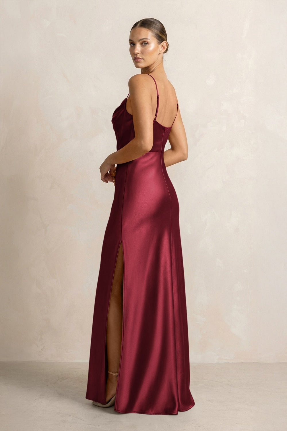 Spaghetti Strap Satin Sheath Bridesmaid Dress in Burgundy