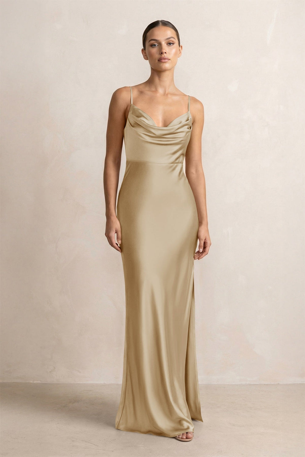 Spaghetti Strap Satin Sheath Bridesmaid Dress in Champagne