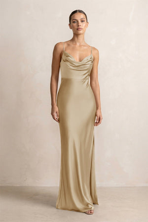 Spaghetti Strap Satin Sheath Bridesmaid Dress in Champagne - KISS BRIDAL Bridesmaid Dresses