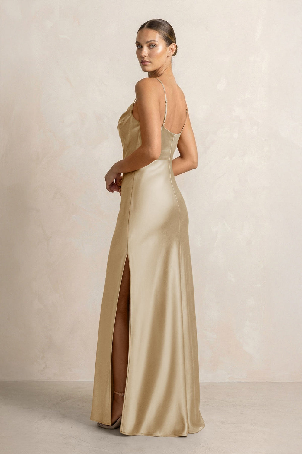 Spaghetti Strap Satin Sheath Bridesmaid Dress in Champagne