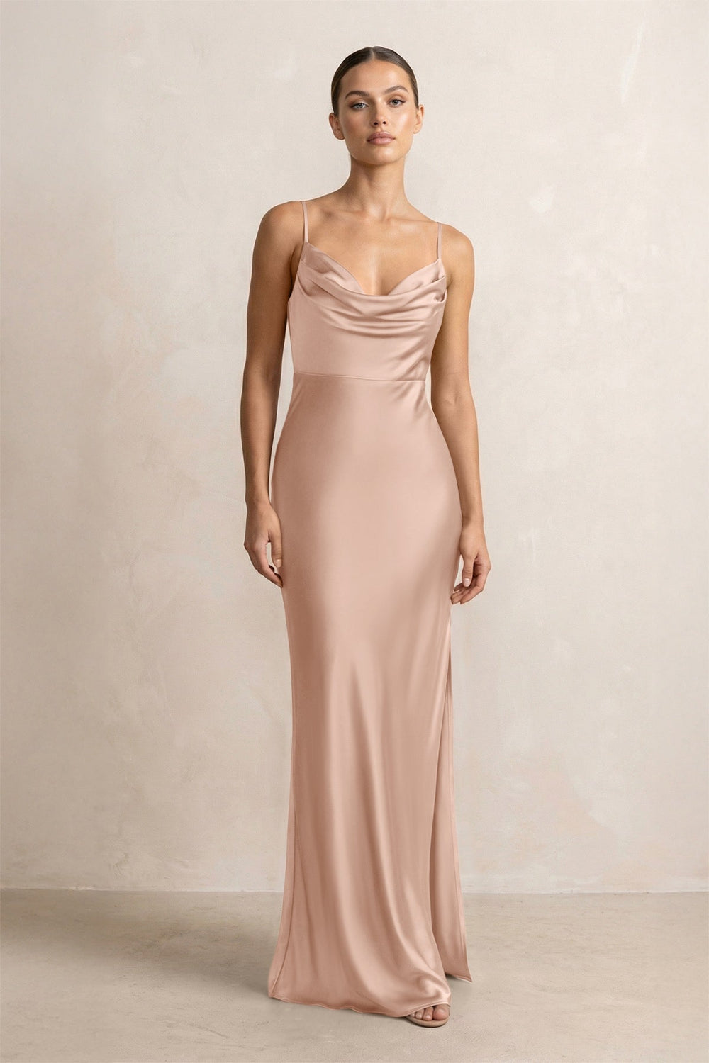 Spaghetti Strap Satin Sheath Bridesmaid Dress in Champagne Rose