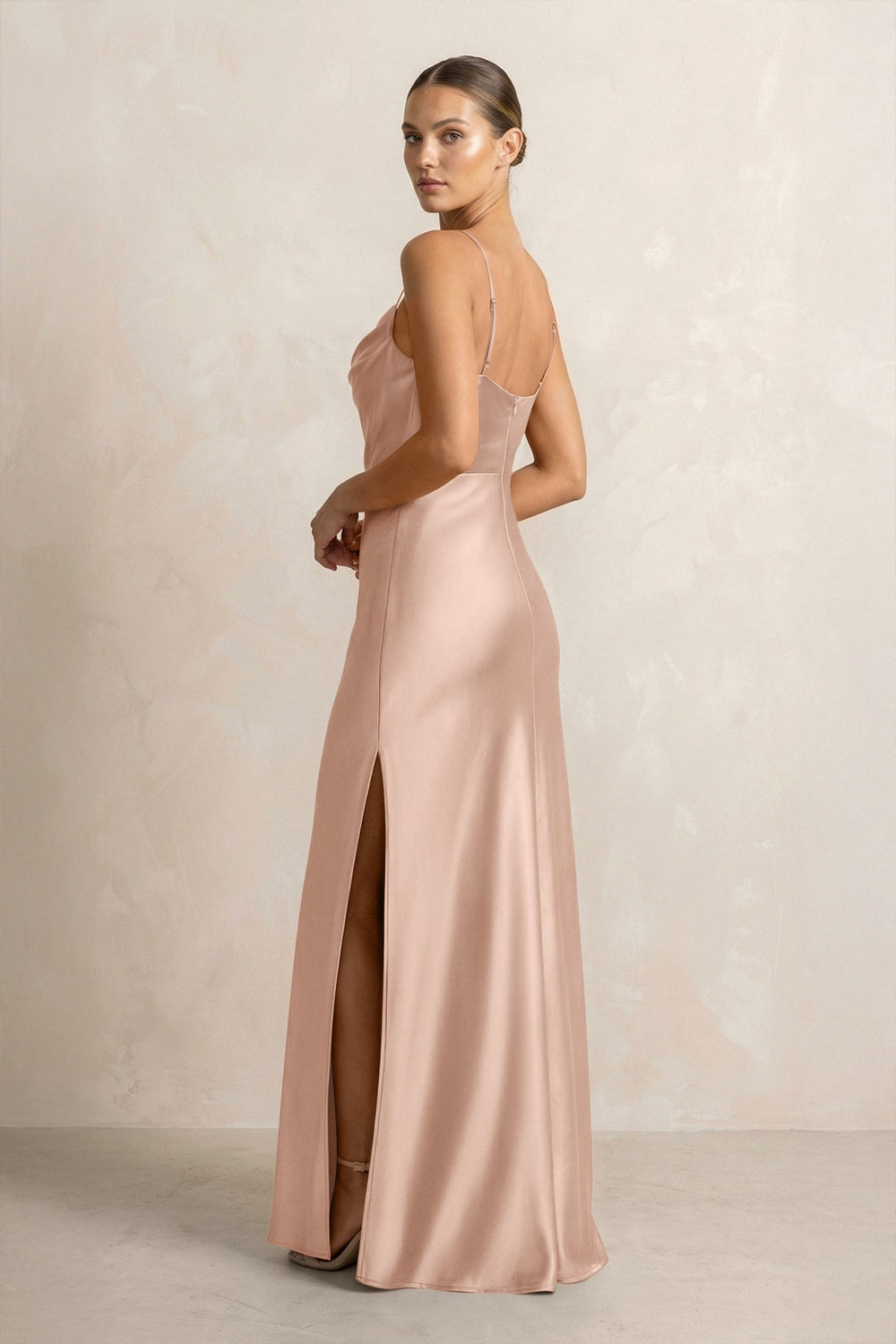 Spaghetti Strap Satin Sheath Bridesmaid Dress in Champagne Rose