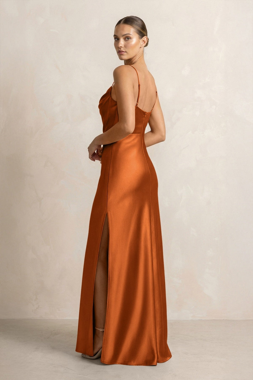 Spaghetti Strap Satin Sheath Bridesmaid Dress in Cinnamon