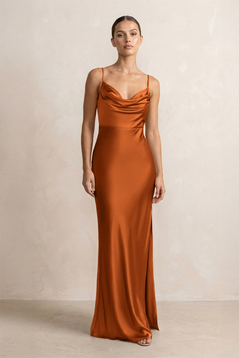 Spaghetti Strap Satin Sheath Bridesmaid Dress in Cinnamon