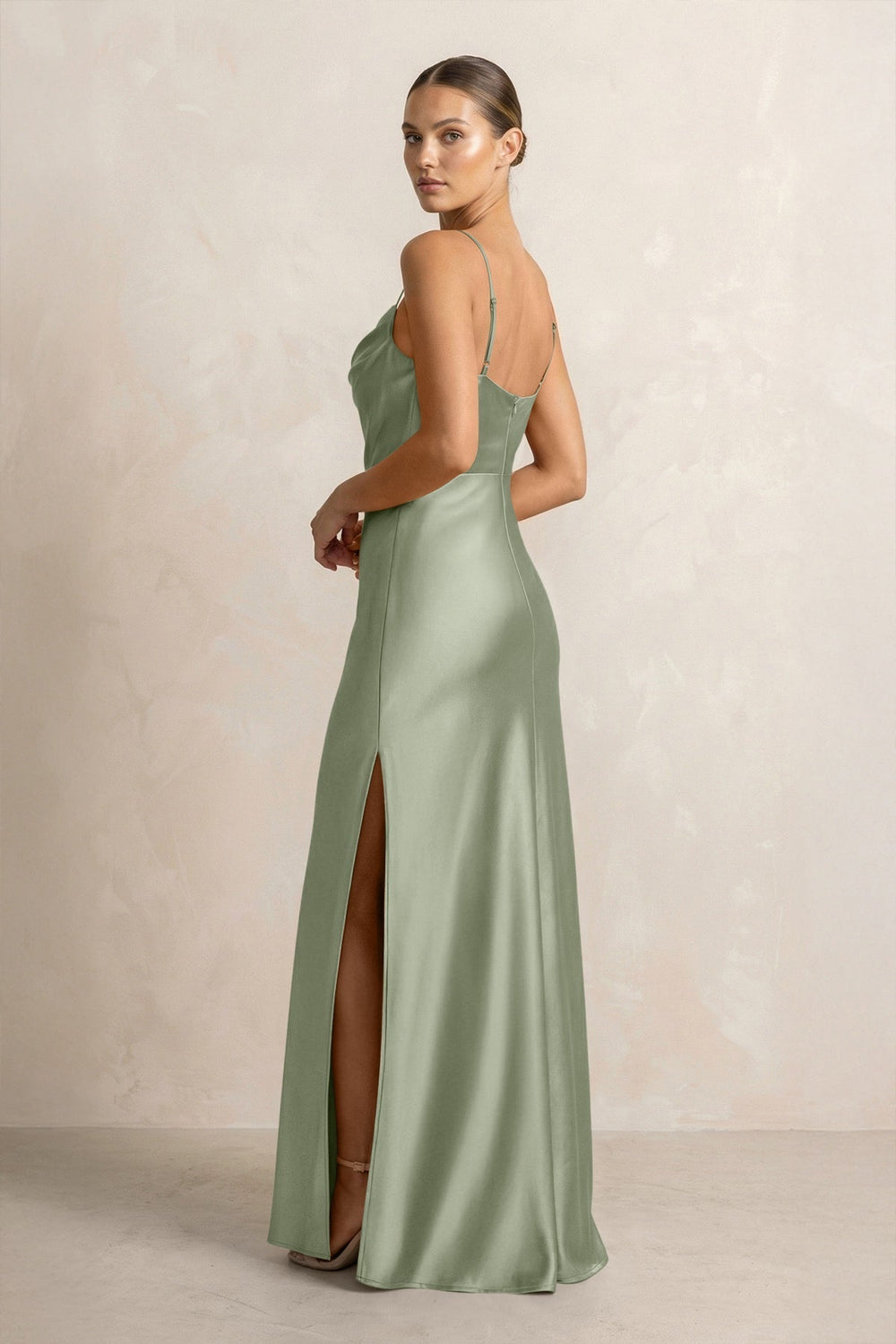Spaghetti Strap Satin Sheath Bridesmaid Dress in Dove Gray