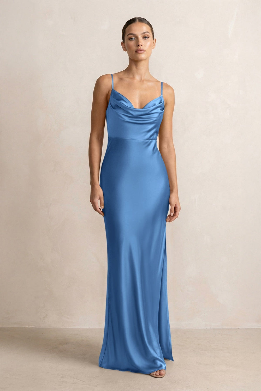 Spaghetti Strap Satin Sheath Bridesmaid Dress in Dusty Blue