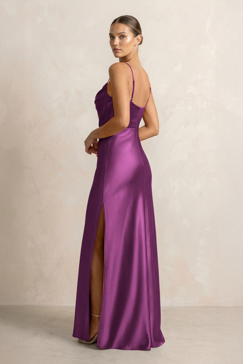 Spaghetti Strap Satin Sheath Bridesmaid Dress in Fig