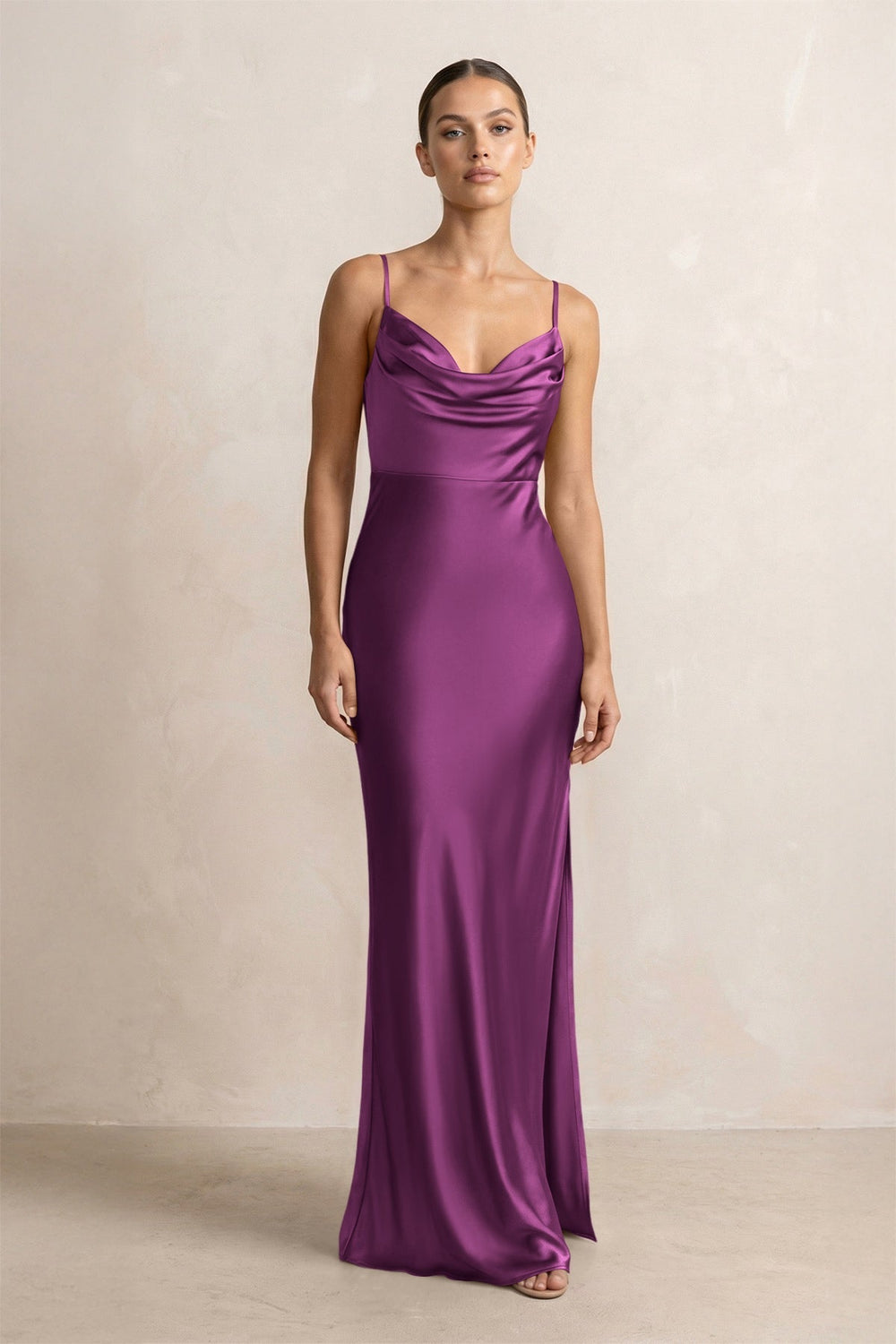 Spaghetti Strap Satin Sheath Bridesmaid Dress in Fig
