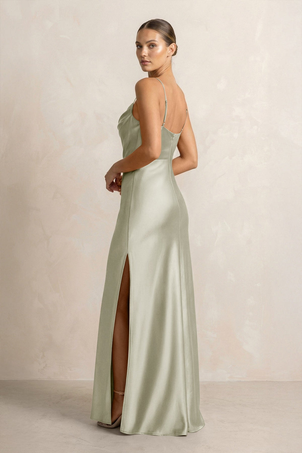 Spaghetti Strap Satin Sheath Bridesmaid Dress in Frost