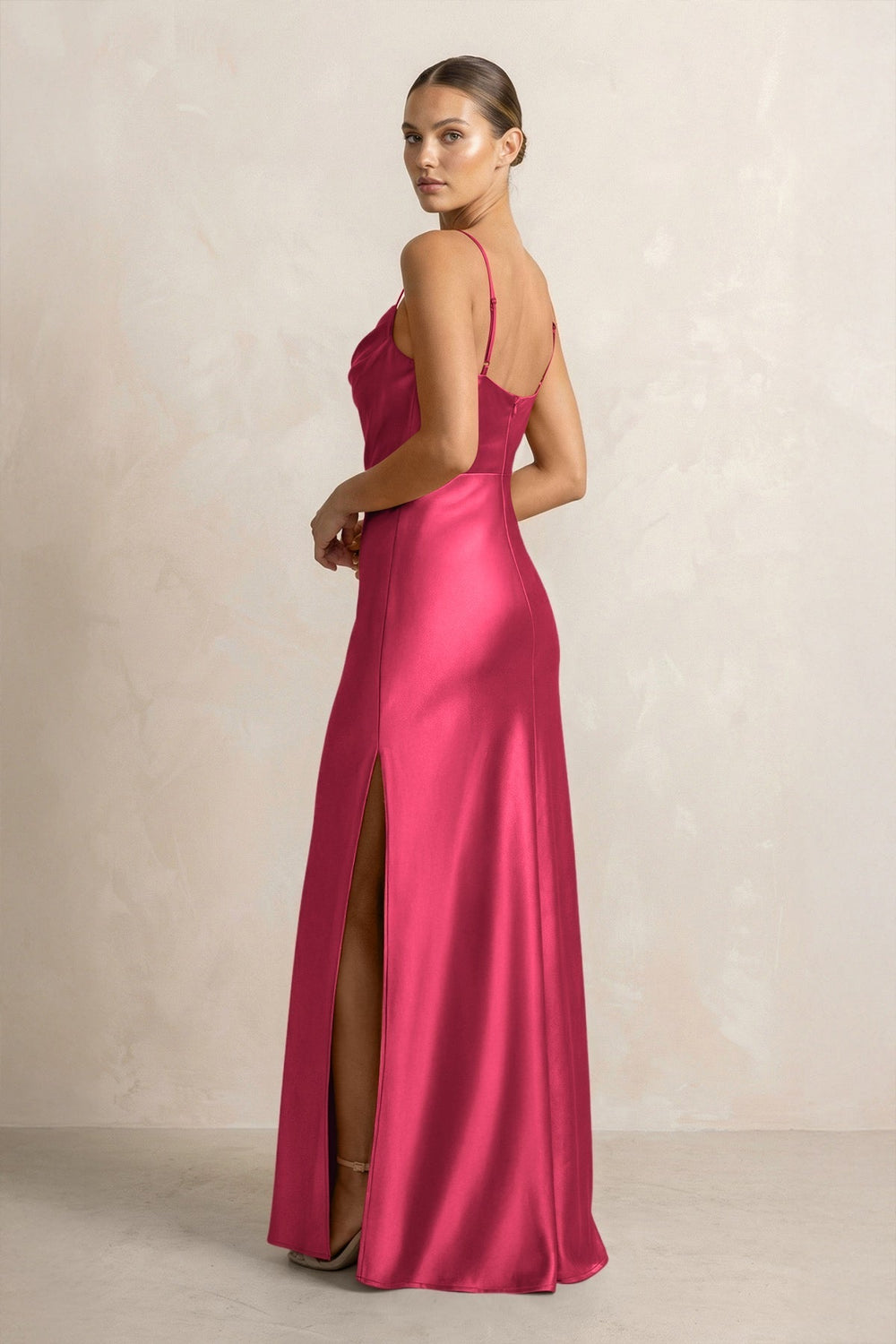 Spaghetti Strap Satin Sheath Bridesmaid Dress in Fuchsia