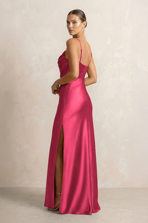 Spaghetti Strap Satin Sheath Bridesmaid Dress in Fuchsia - KISS BRIDAL Bridesmaid Dresses