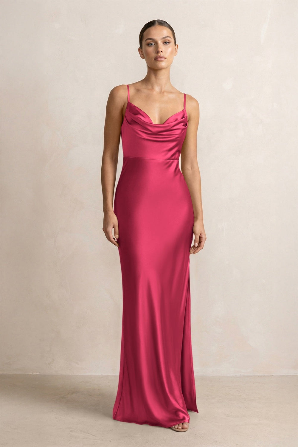 Spaghetti Strap Satin Sheath Bridesmaid Dress in Fuchsia