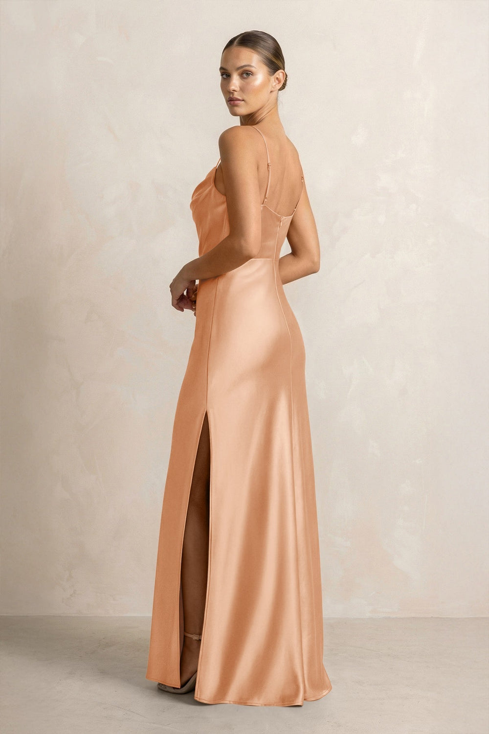Spaghetti Strap Satin Sheath Bridesmaid Dress in Golden Champagne