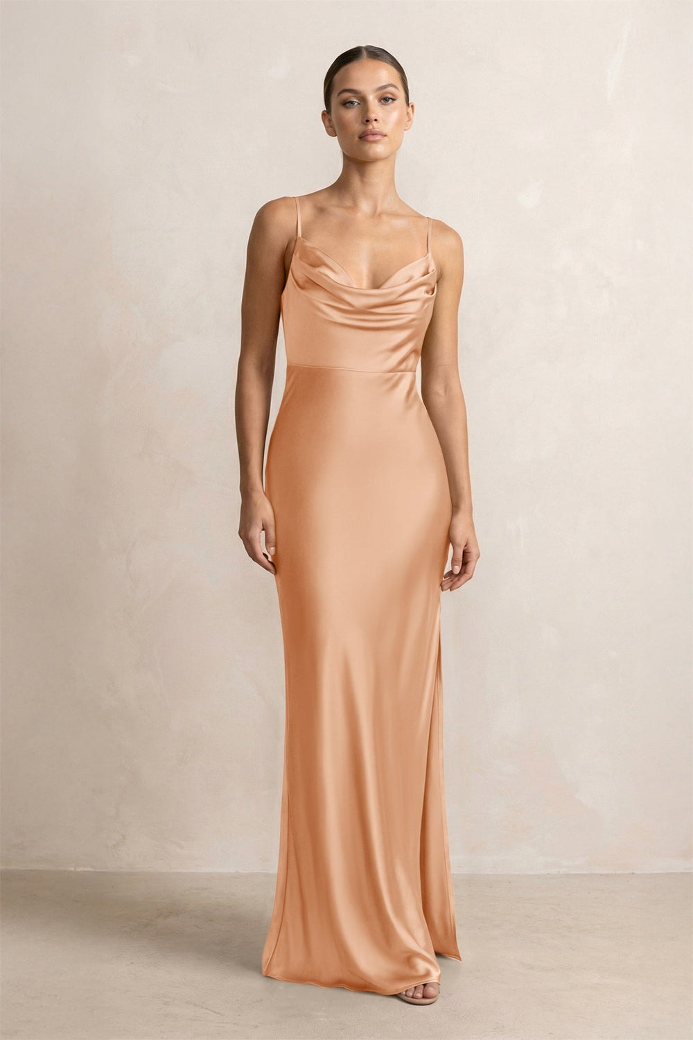 Spaghetti Strap Satin Sheath Bridesmaid Dress in Golden Champagne