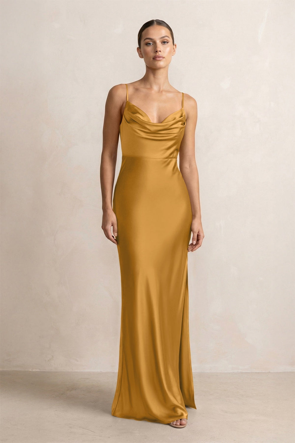 Spaghetti Strap Satin Sheath Bridesmaid Dress in Marigold