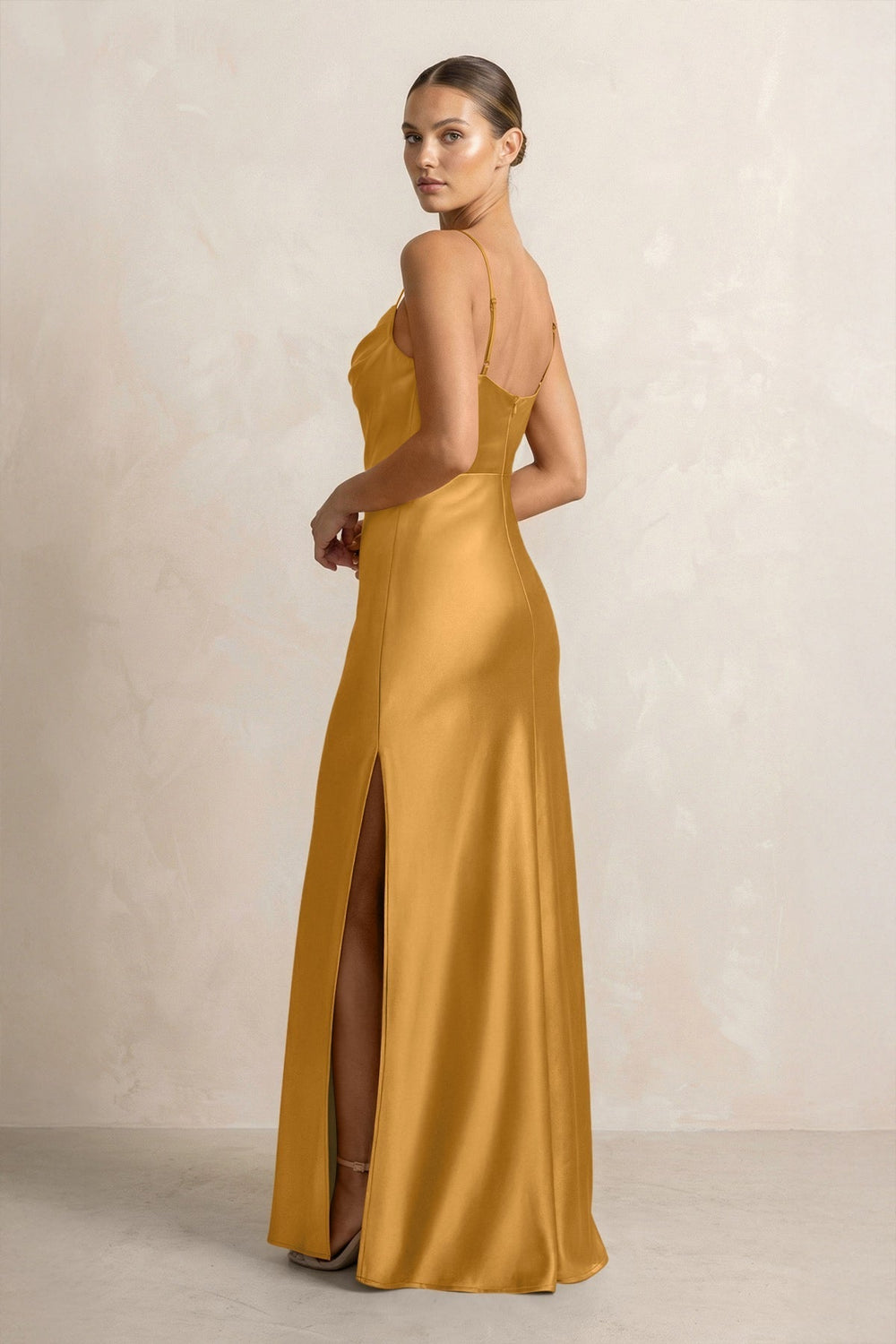 Spaghetti Strap Satin Sheath Bridesmaid Dress in Marigold