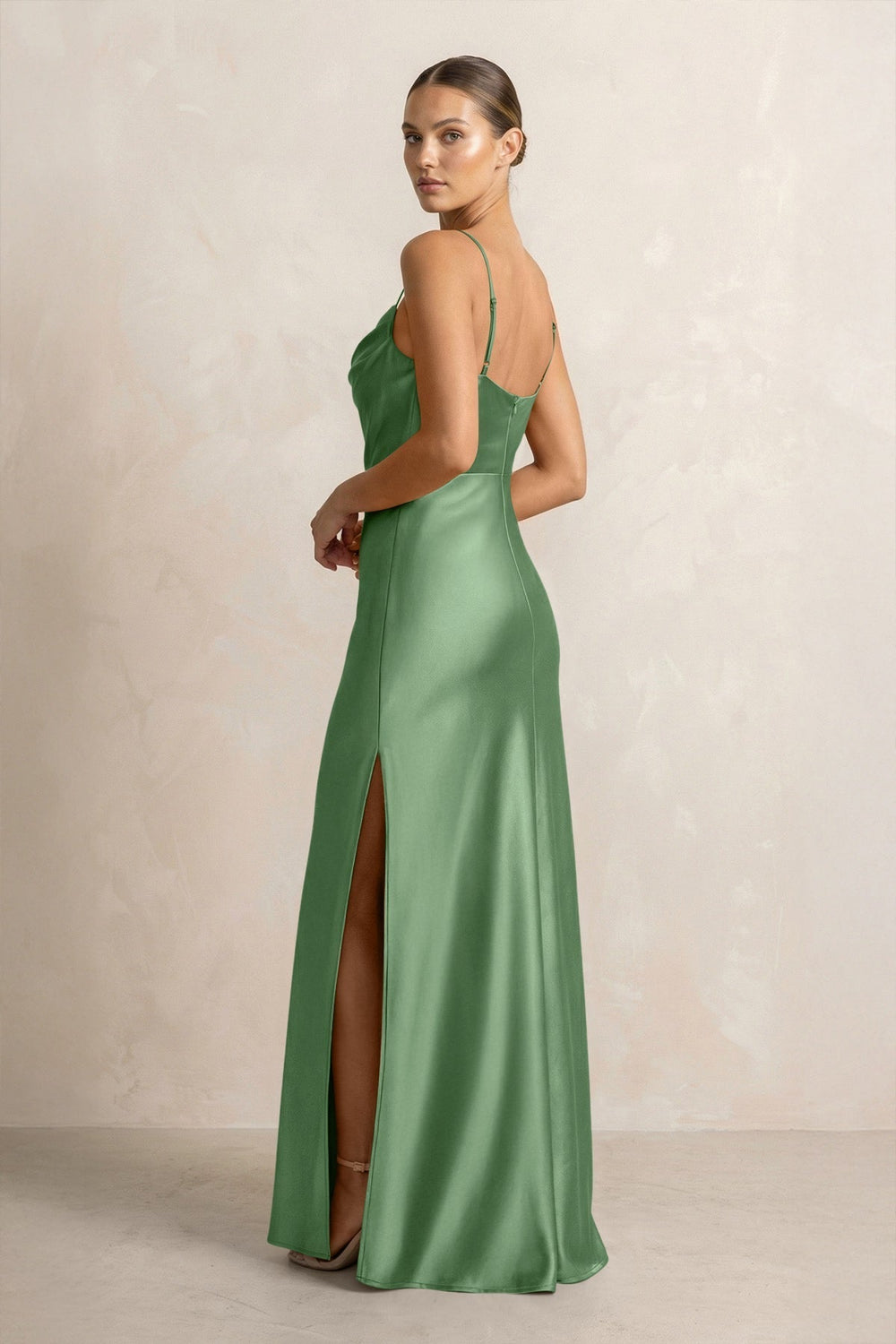 Spaghetti Strap Satin Sheath Bridesmaid Dress in Matcha