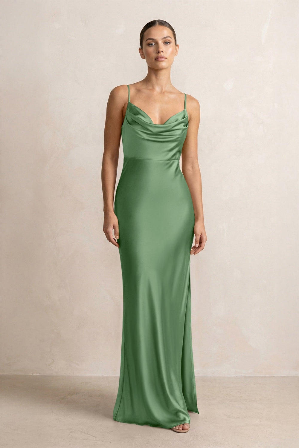 Spaghetti Strap Satin Sheath Bridesmaid Dress in Matcha