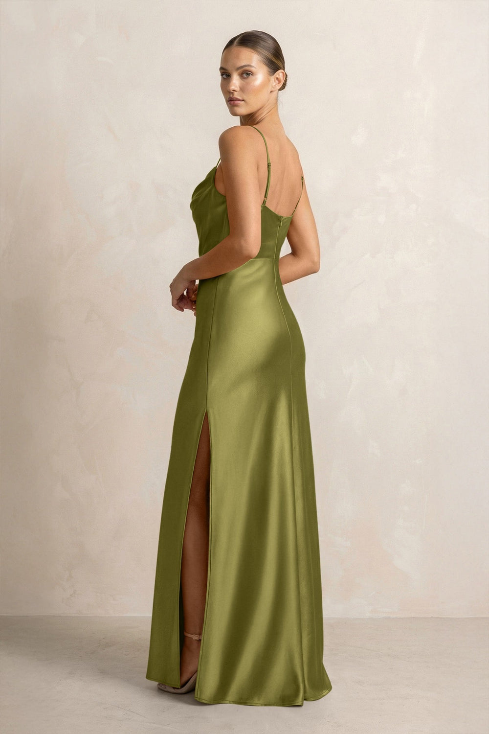 Spaghetti Strap Satin Sheath Bridesmaid Dress in Moss Green