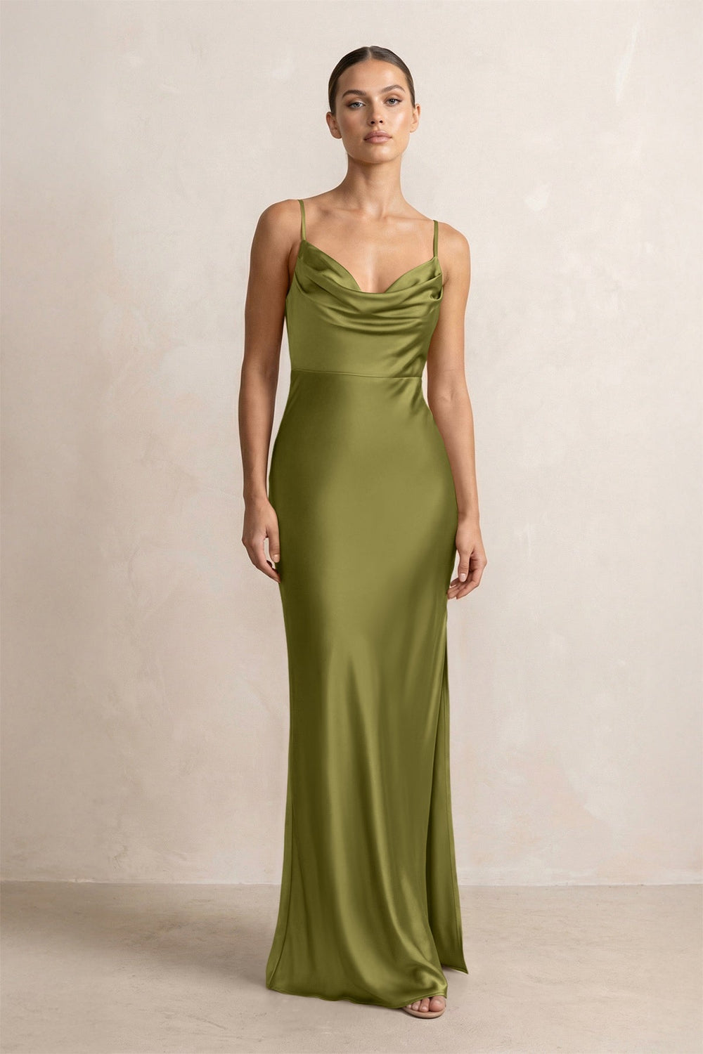 Spaghetti Strap Satin Sheath Bridesmaid Dress in Moss Green