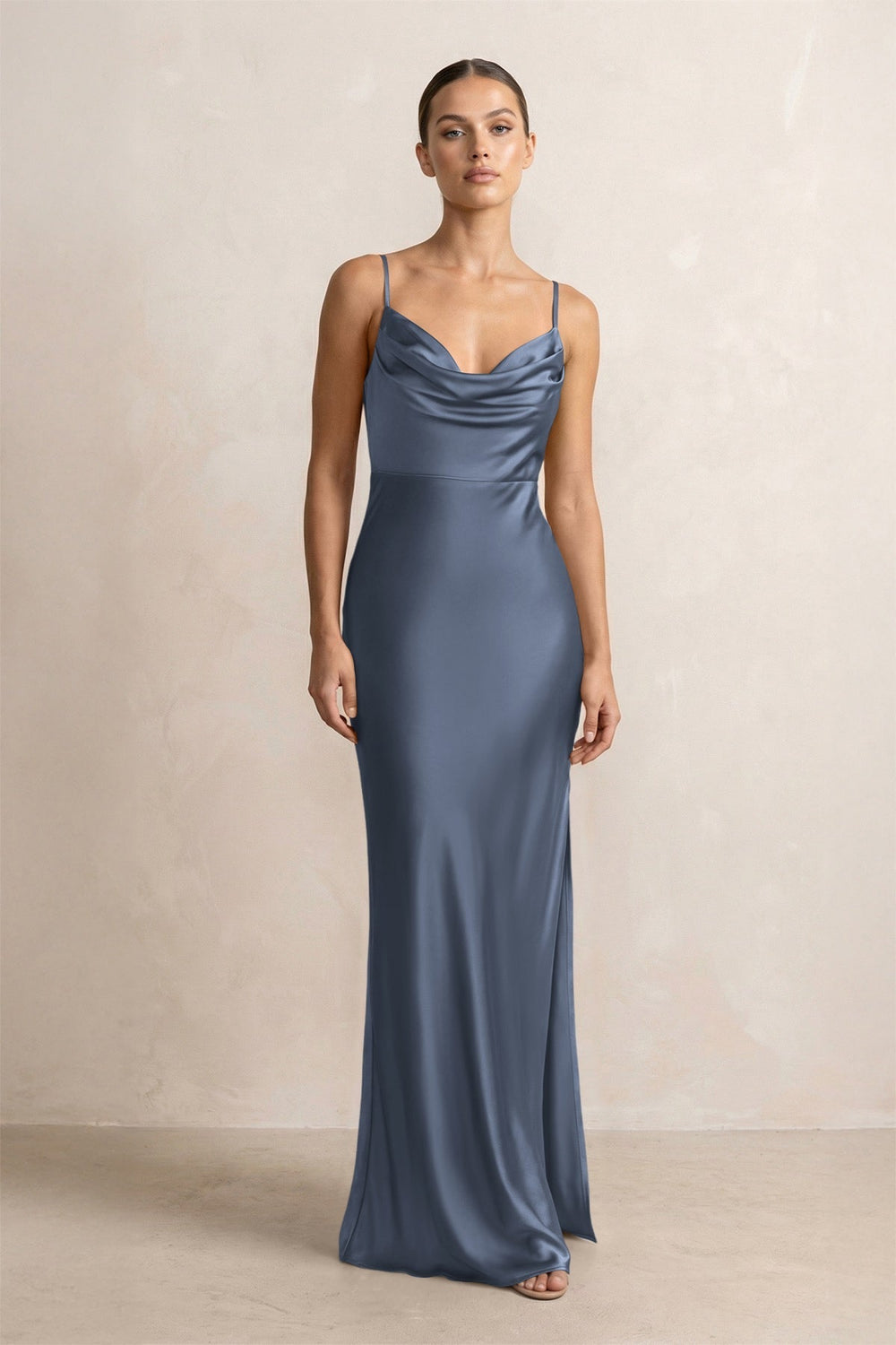 Spaghetti Strap Satin Sheath Bridesmaid Dress in Neptune